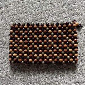 Vintage Beaded Wood Clutch in Brown & Olive
